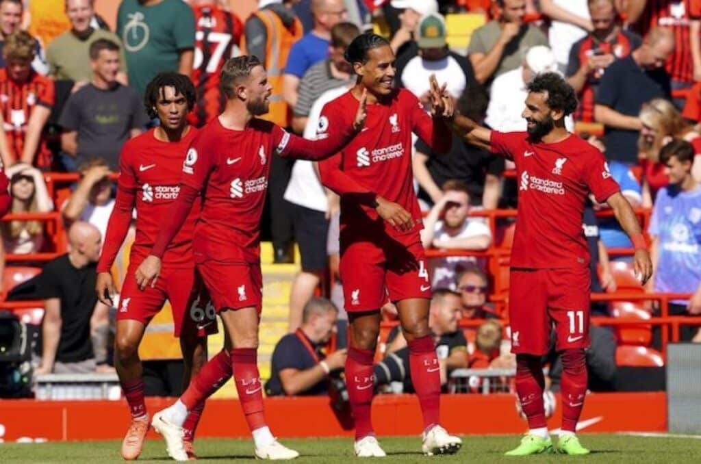 Các cầu thủ Liverpool ăn mừng bàn thắng vào lưới Bournemouth ở Tuần 7 Premier League 2022/2023, Thứ Bảy ngày 27 tháng 8 năm 2022 (c) Ảnh AP